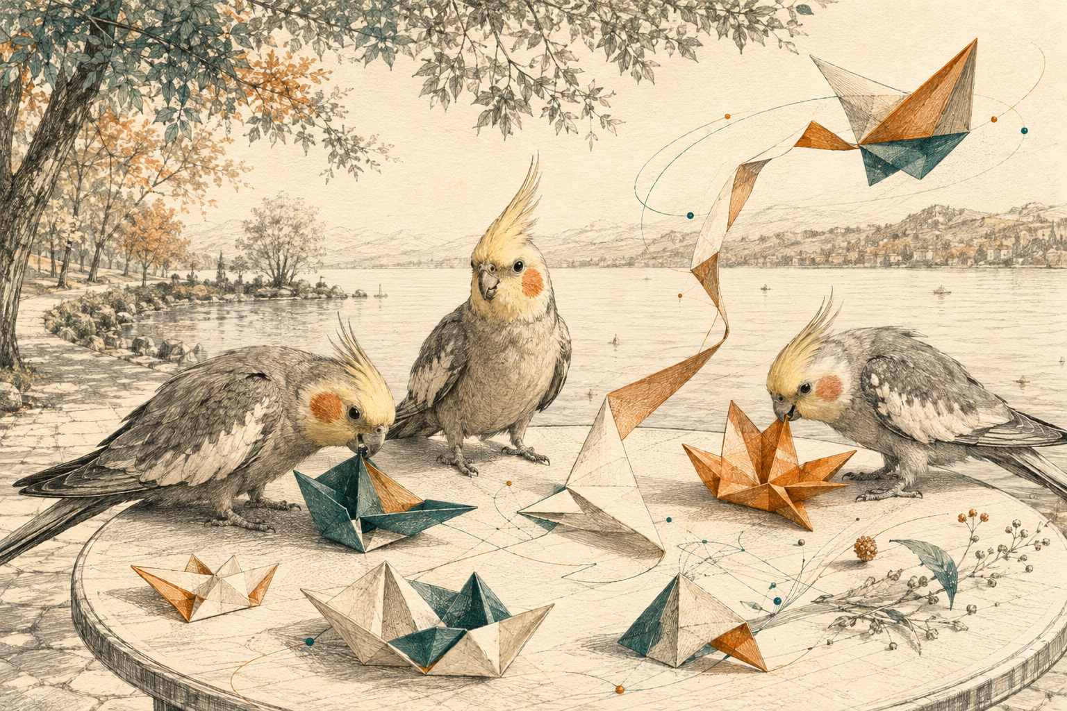 Des calopsittes explorent des formes de papier sur une petite table, au bord du lac