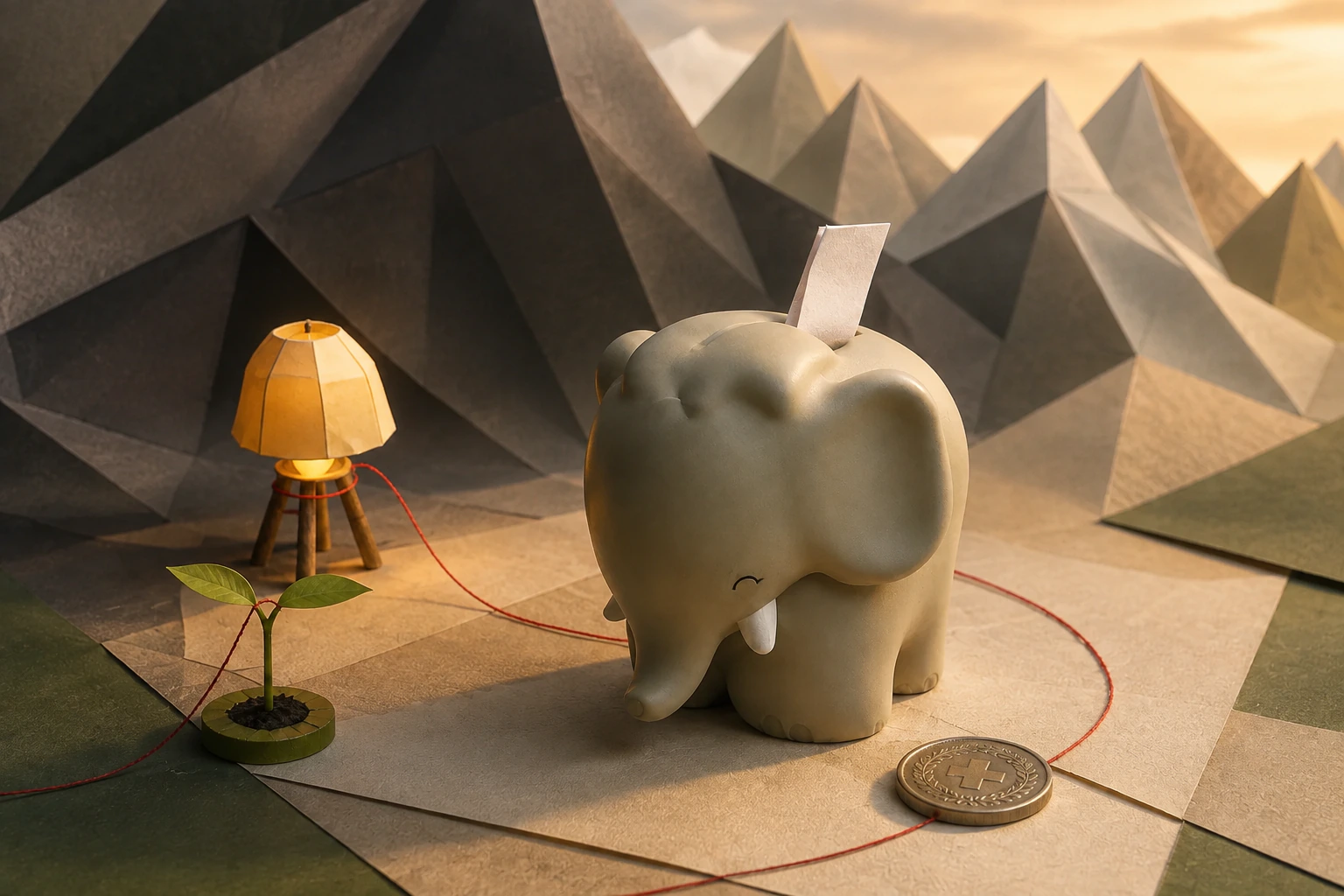 Un éléphant de papier avance entre une lampe et une pièce