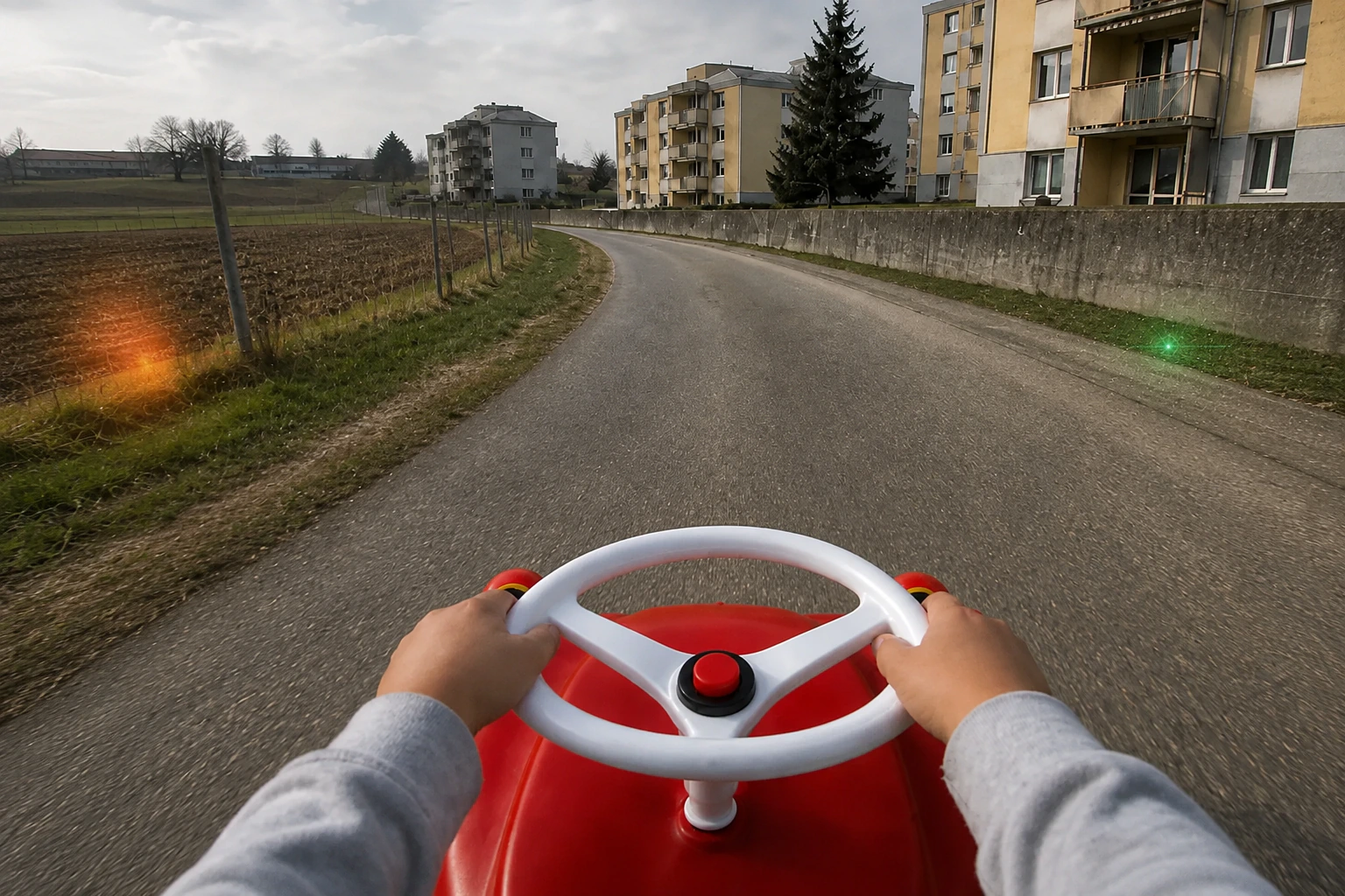 Deux mains d’enfant tiennent le volant d’une petite voiture rouge