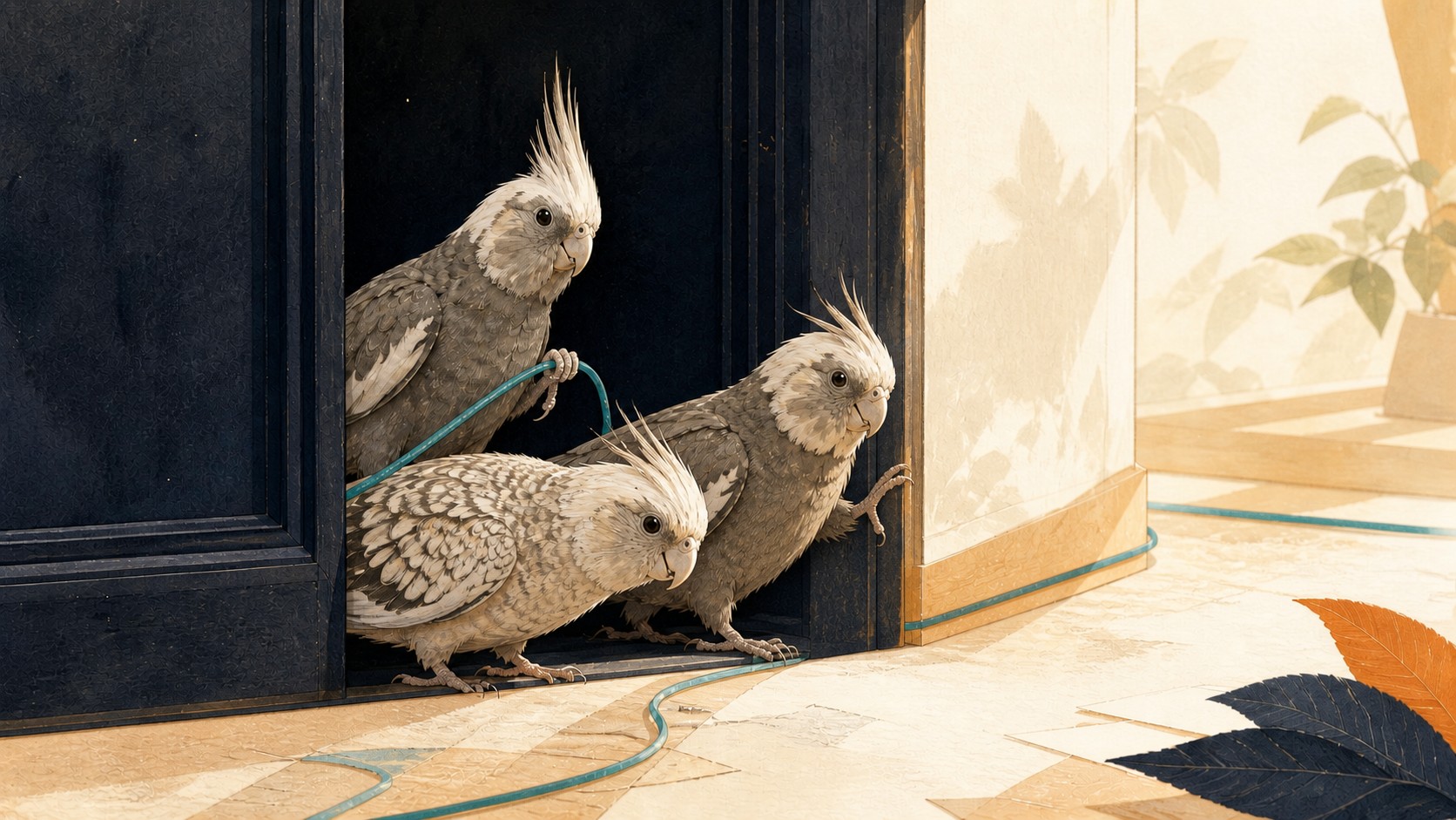 Projection illustrée : Kaka, Mimi et Coco avancent ensemble sans parole, guidés par un même fil turquoise.