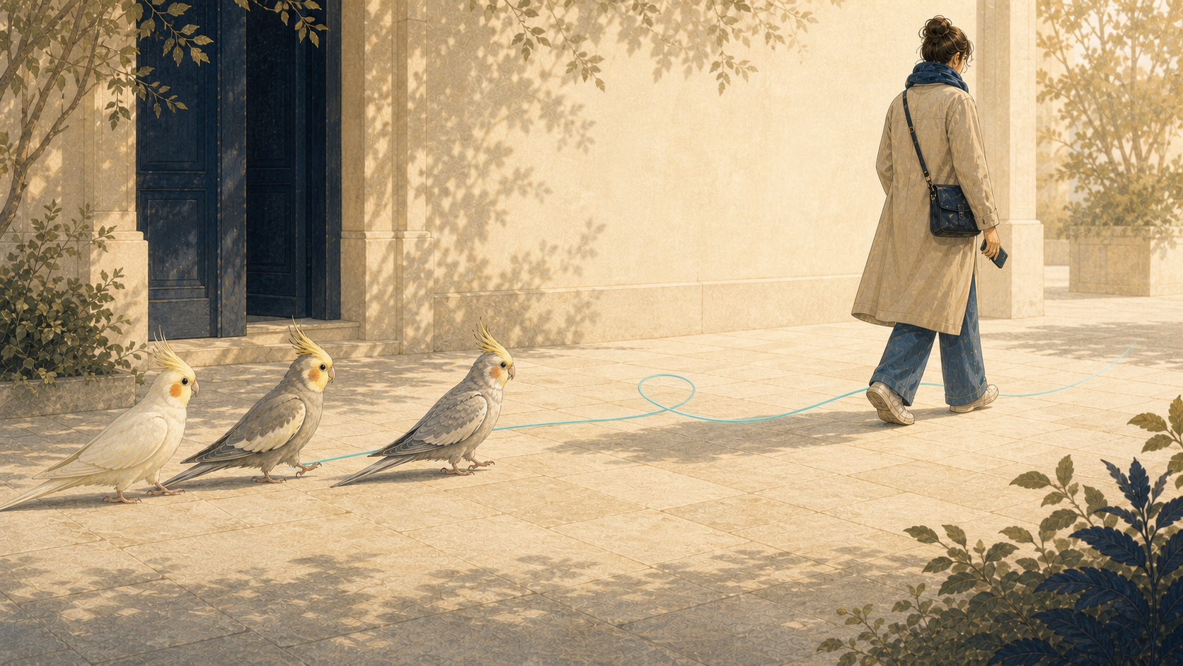 Projection illustrée : une passante et trois cockatiels continuent chacun leur chemin après s’être aperçus, reliés un instant par une boucle turquoise.