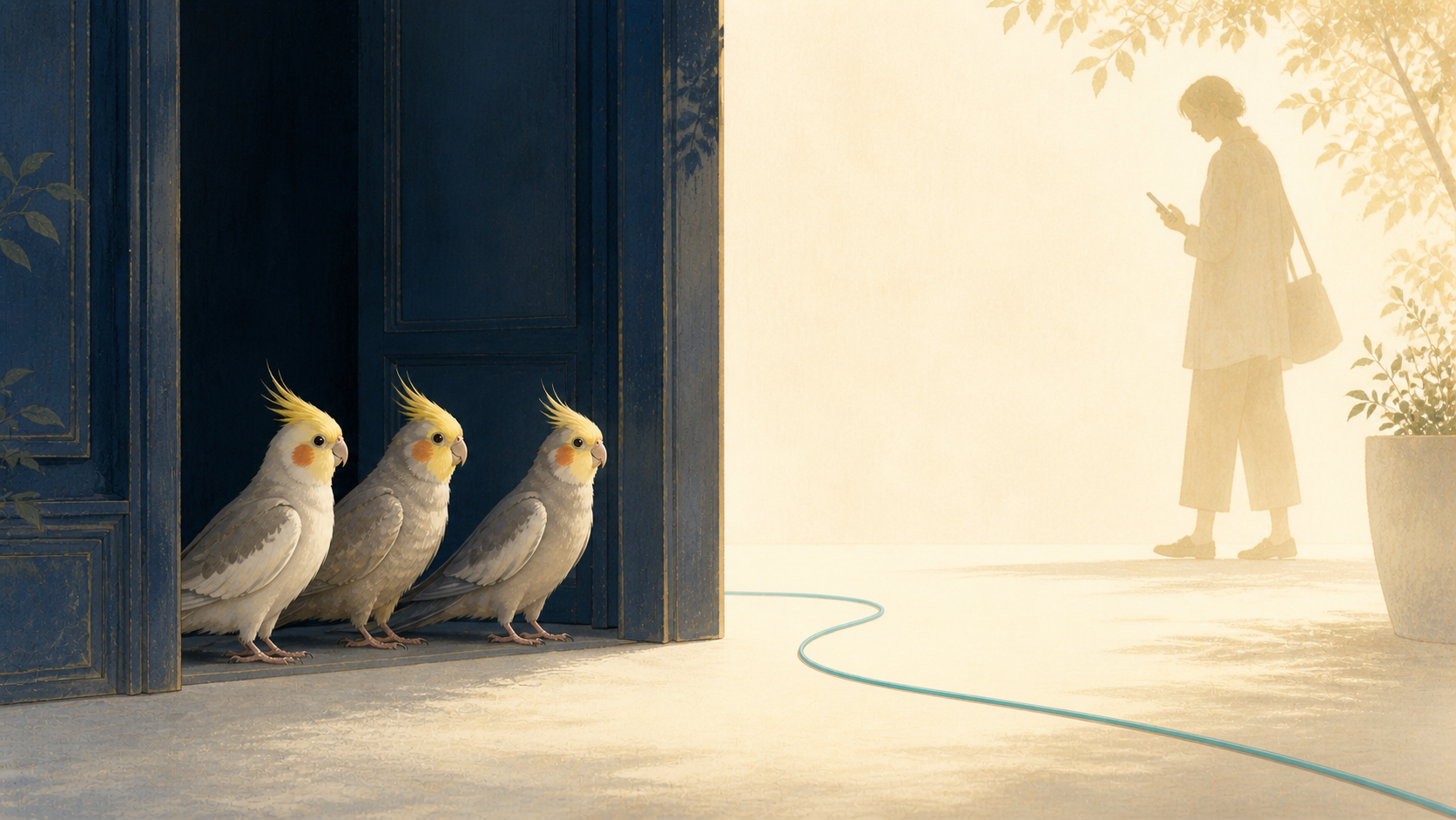 Projection illustrée : une personne observe calmement son téléphone à distance tandis que Kaka, Mimi et Coco restent dans leur espace, sans être approchés.