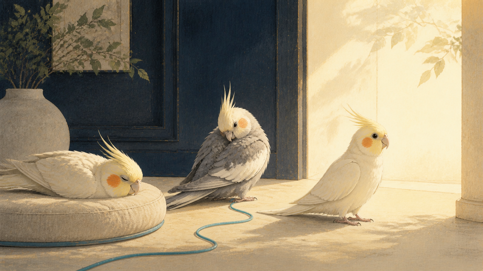 Projection illustrée : trois cockatiels partagent paisiblement la même pièce, l’un dort, l’autre se lisse les plumes et le troisième regarde la lumière.