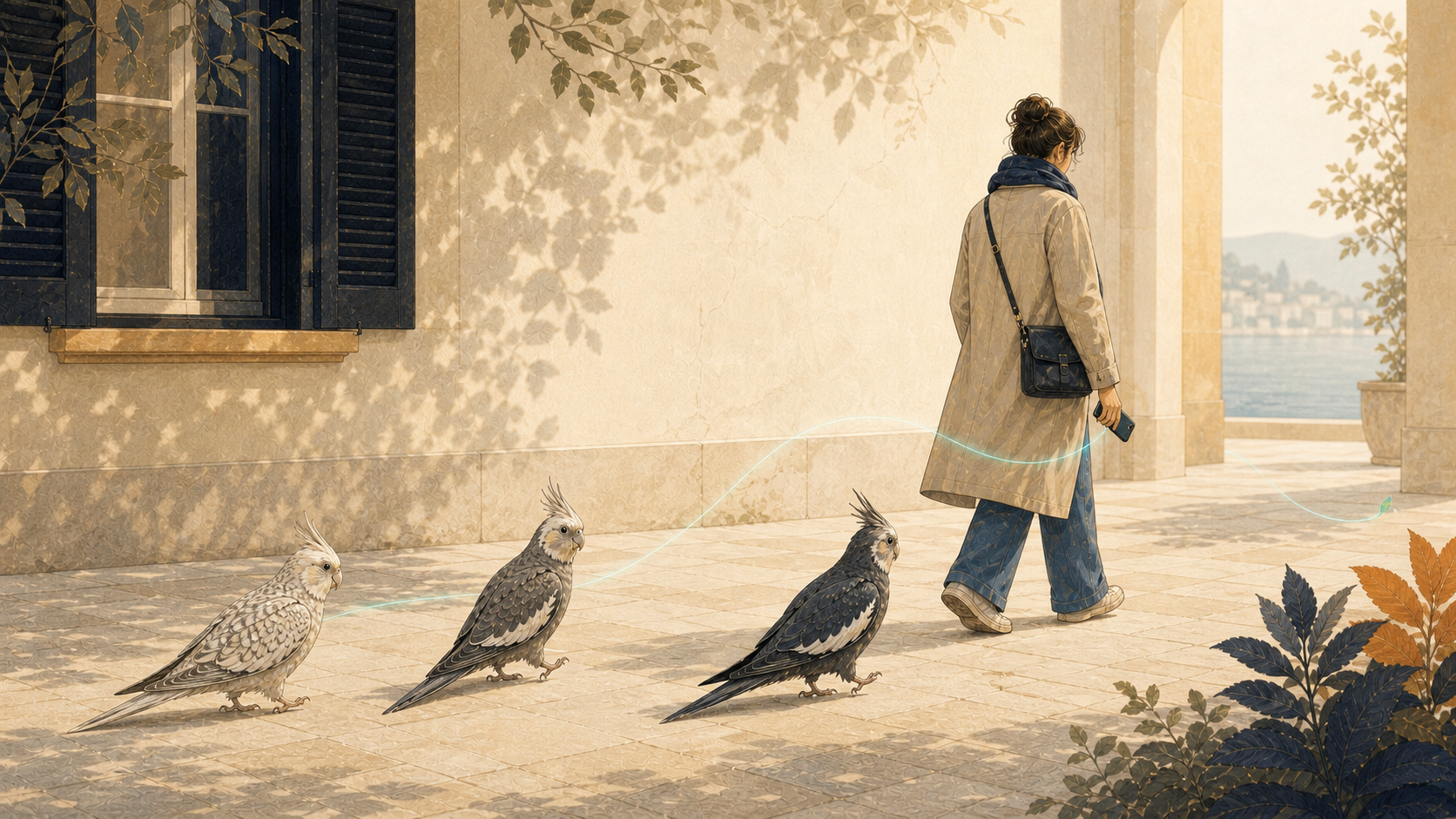 Projection illustrée : une passante continue sa route avec son téléphone à la main tandis que trois oiseaux avancent à leur rythme, reliés par un fil turquoise très léger.