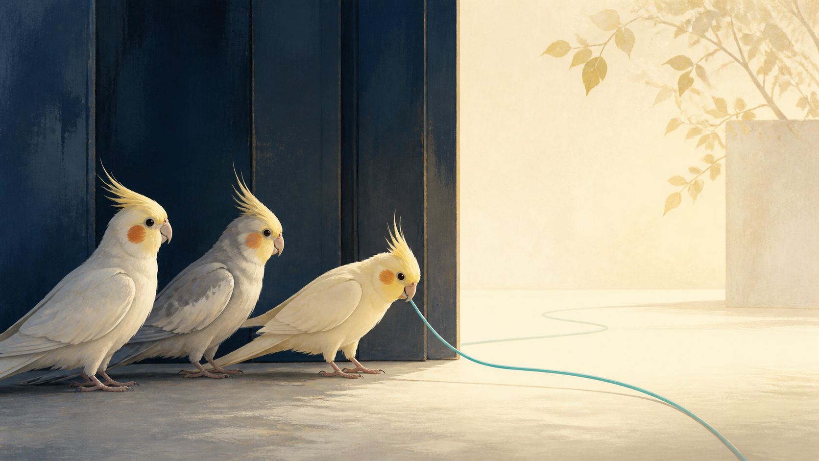 Projection illustrée : trois cockatiels ouvrent un passage silencieux entre une porte sombre et une lumière claire.