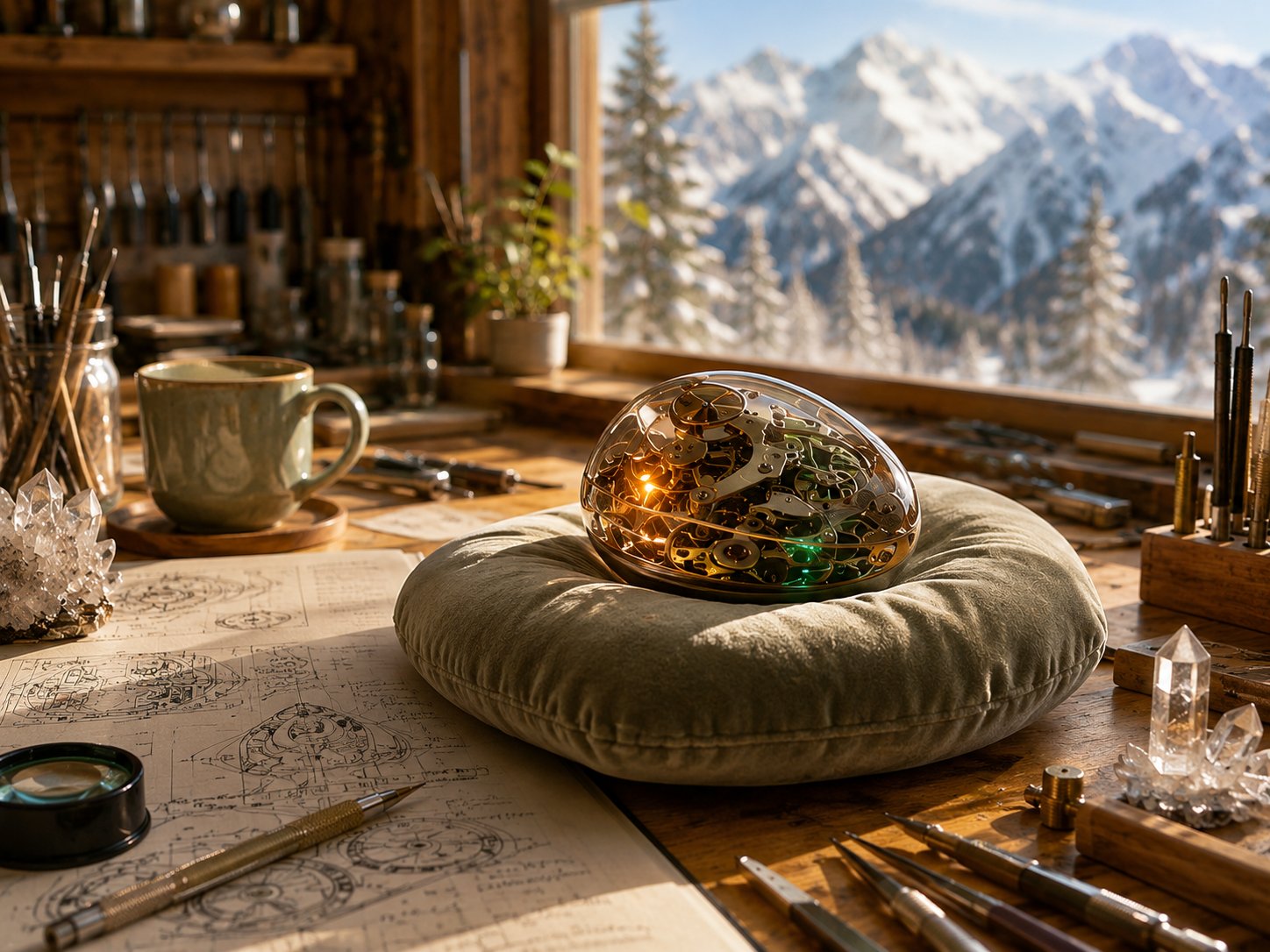 Cristallo atelier with alpine light, sketches and a personal companion prototype