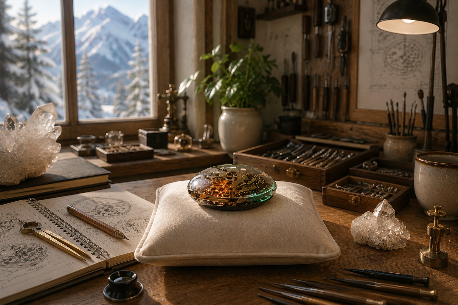 Cristallo workbench with companion prototype and mountain light