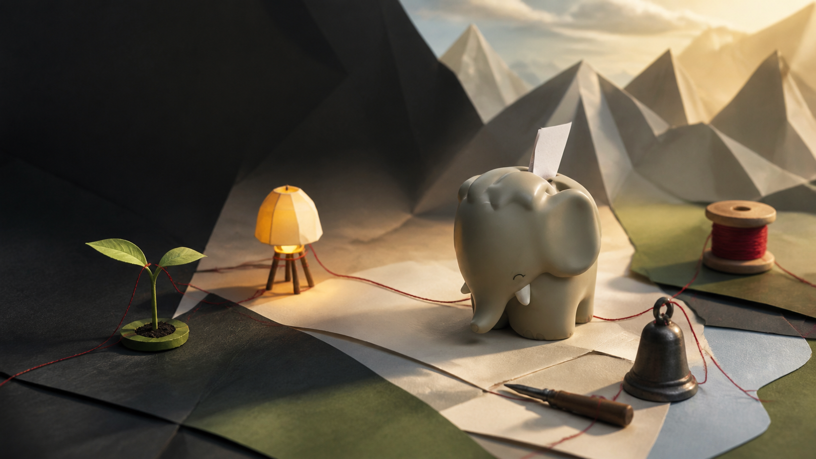 Un petit éléphant de papier relie une pousse et une lampe par un fil orange