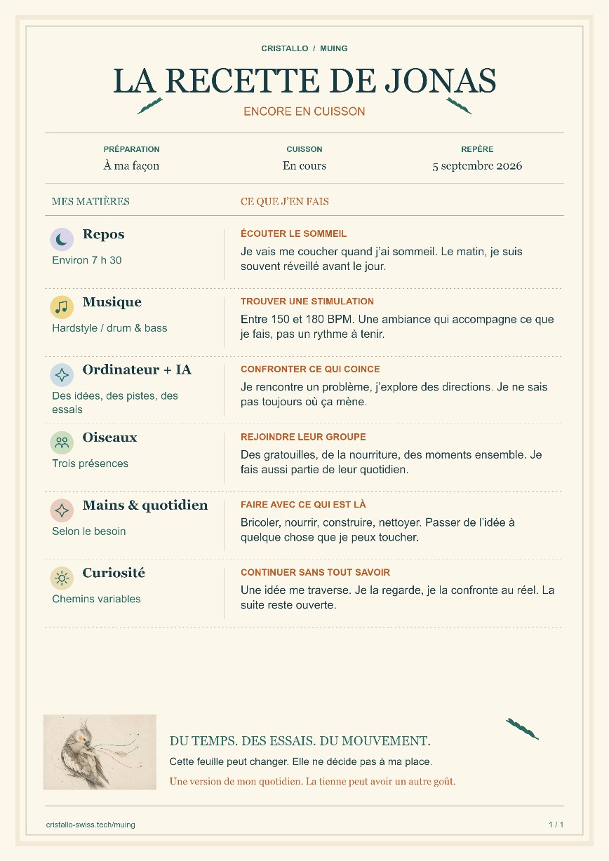 La recette de Jonas : repos, musique, ordinateur et IA, oiseaux, mains et quotidien, curiosité.