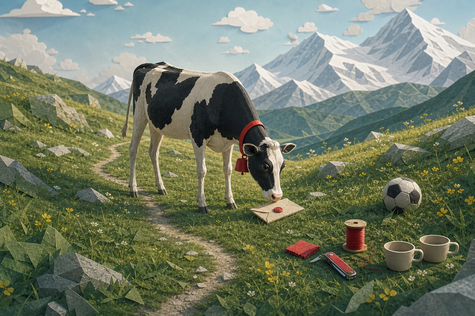 La vache SWIZÀ dans un pré avec une lettre, du fil, un outil, un ballon et deux tasses.