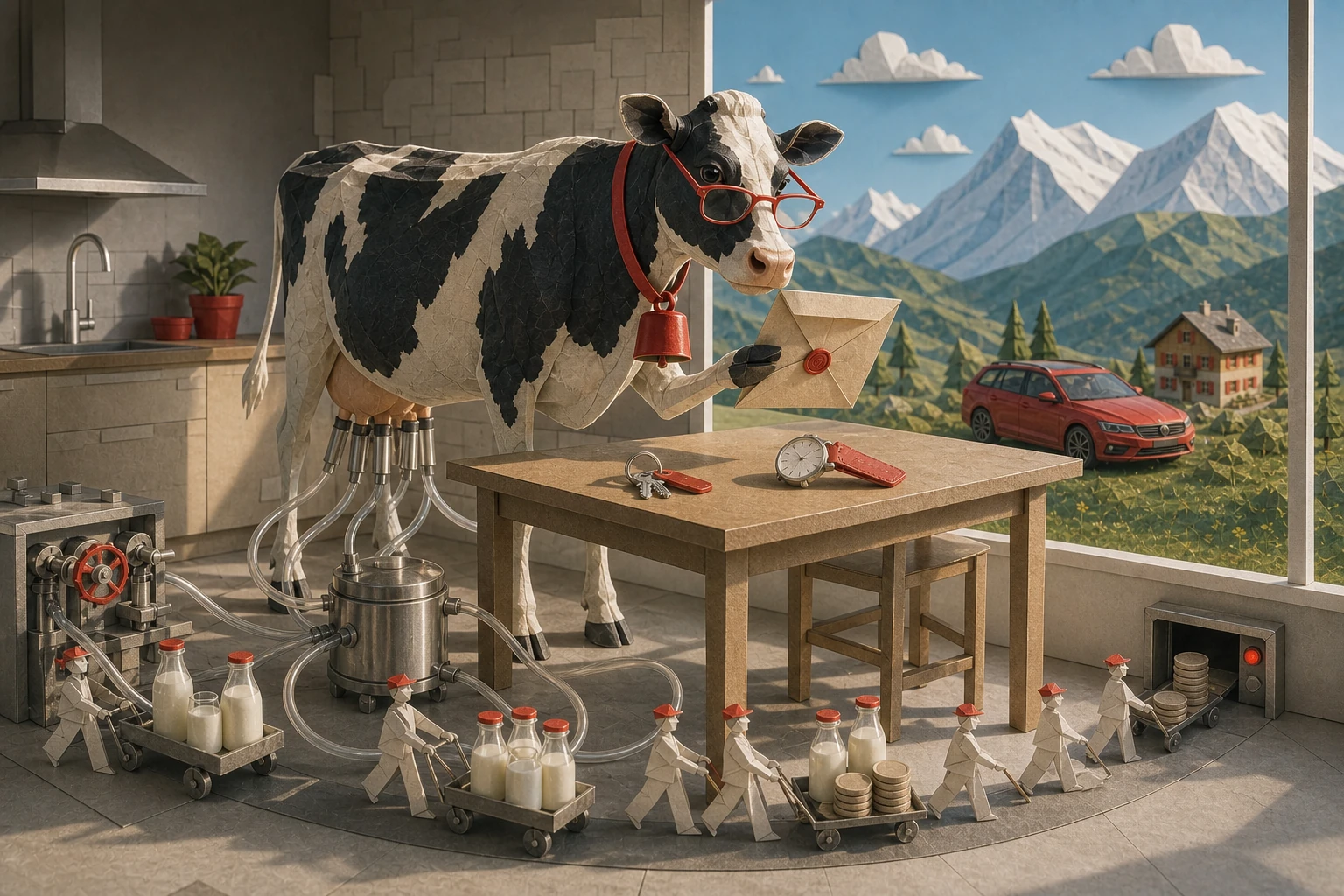 Une vache SWIZÀ à lunettes ouvre une lettre dans une cuisine confortable pendant qu’une machine propre collecte son lait et que de petits porteurs emportent bouteilles et pièces.